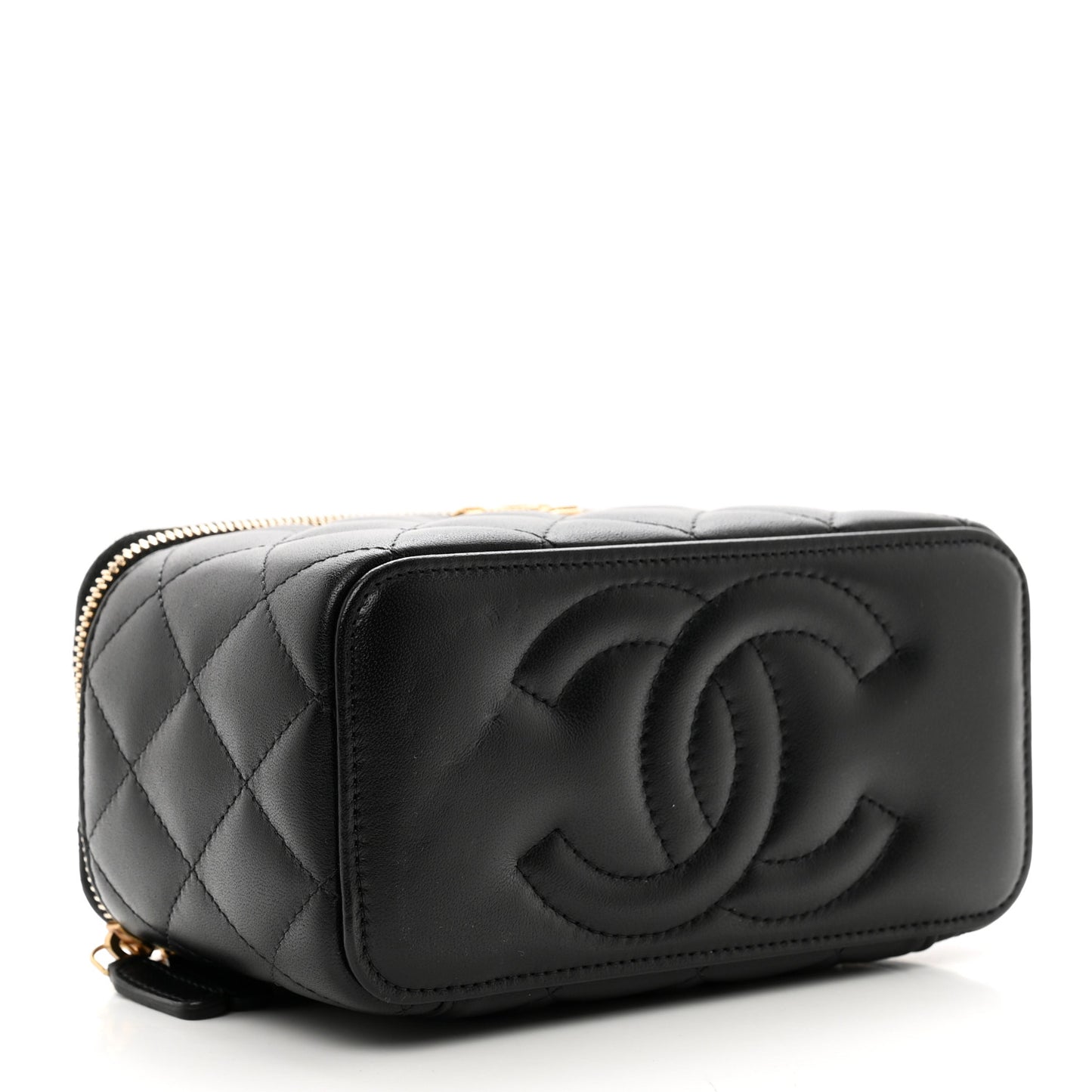 Lambskin Quilted Metal Twist Small Top Handle Vanity Case With Chain Black