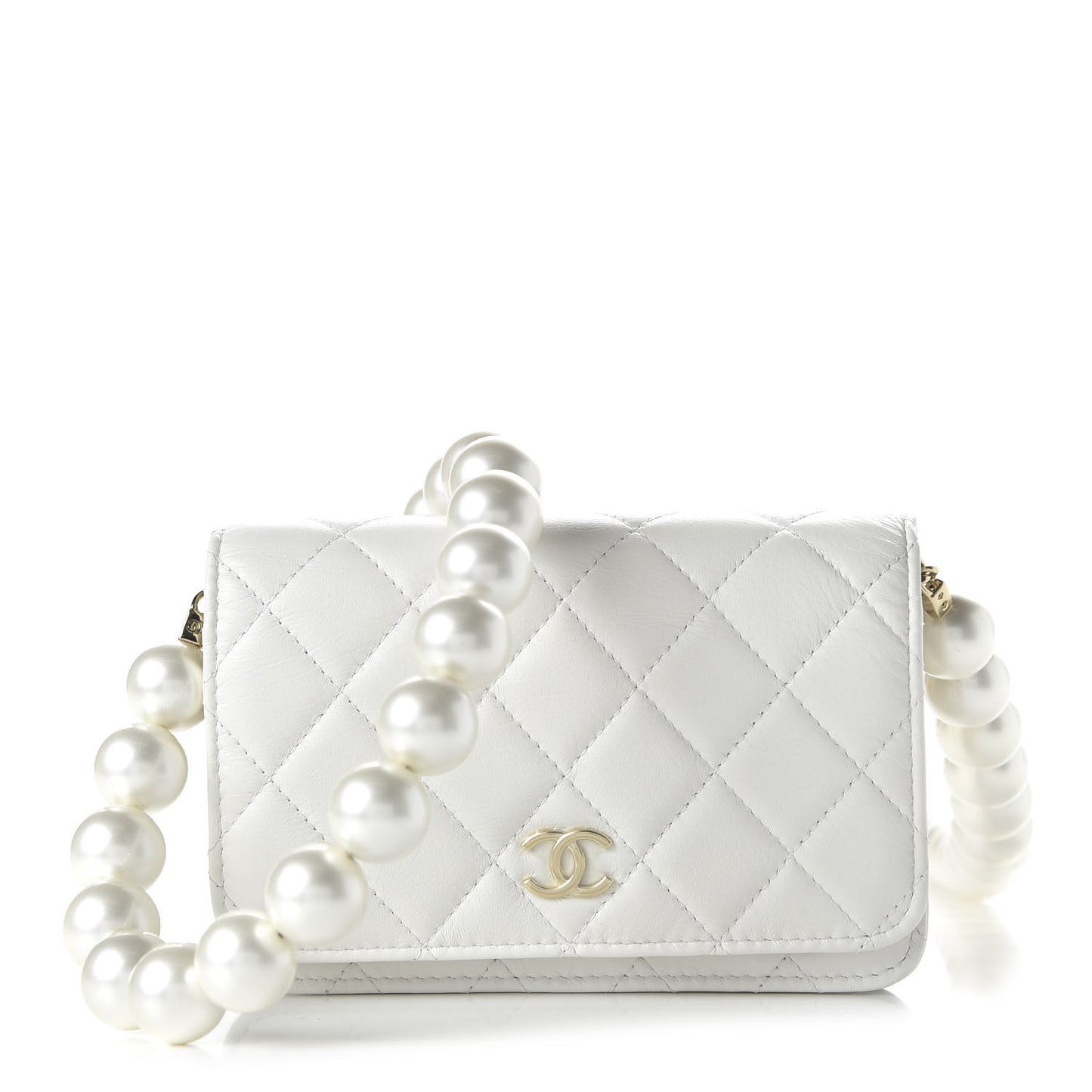 Calfskin Quilted Pearl Mini Wallet On Chain WOC White