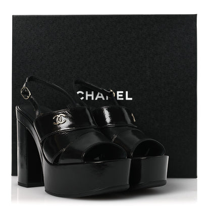 Chanel Crumpled Patent Lambskin Platform Sandals 39.5 Black 11 of 11