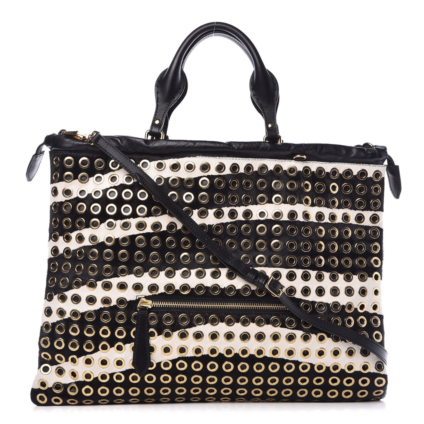 Calfskin Calf Hair Grommet Big Crush Tote Black White