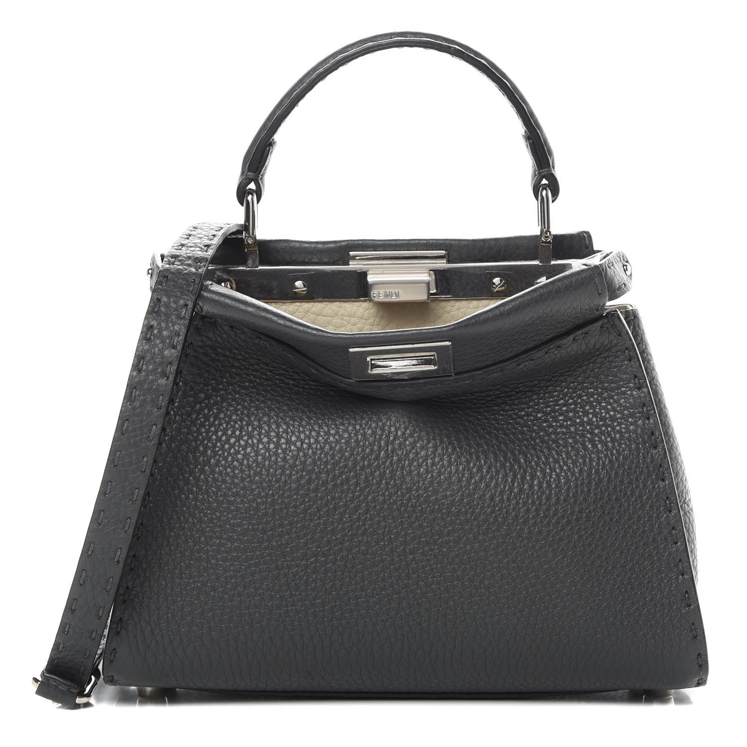 Fendi Cuoio Romano Selleria Bi-Color Mini Peekaboo Iconic Satchel Asfalto Latte 1 of 12