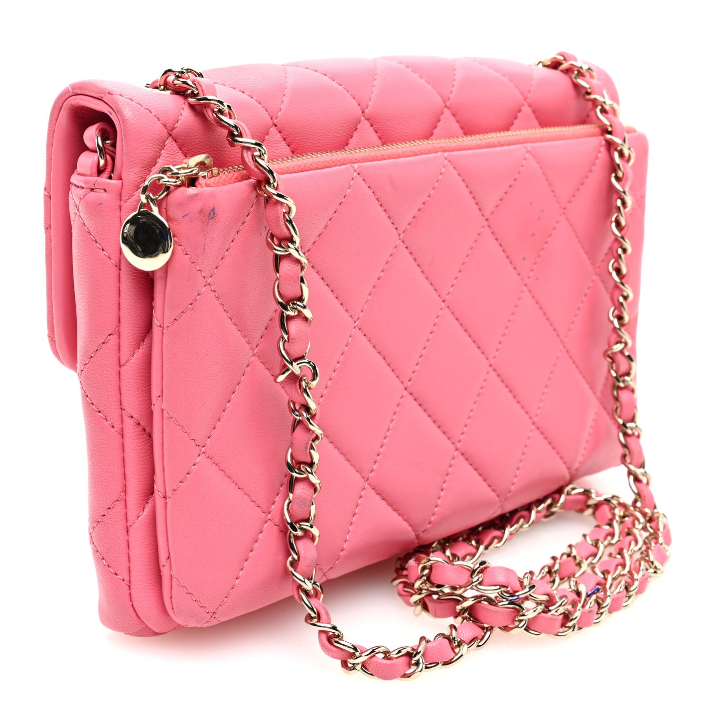 Lambskin Quilted CC Pocket Clutch With Chain Pink