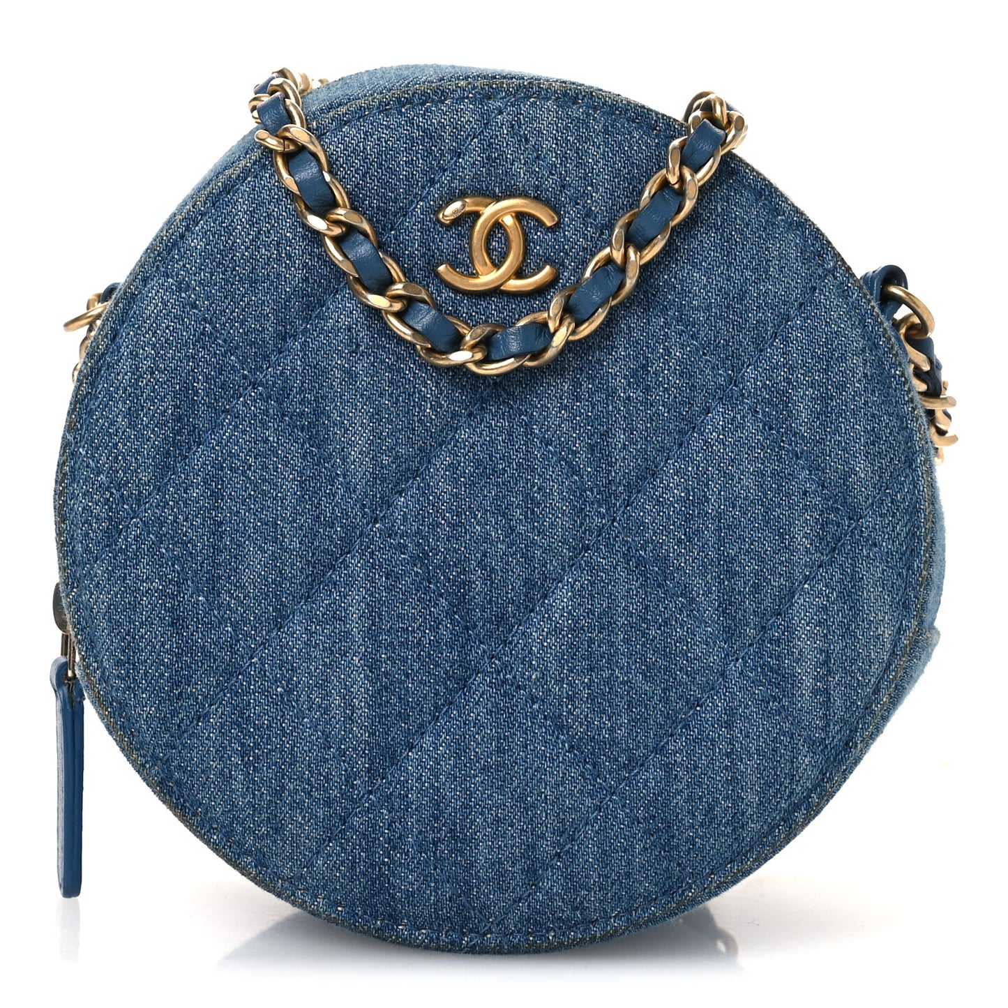 Denim Quilted Round Pearl Crush Clutch With Chain Blue
