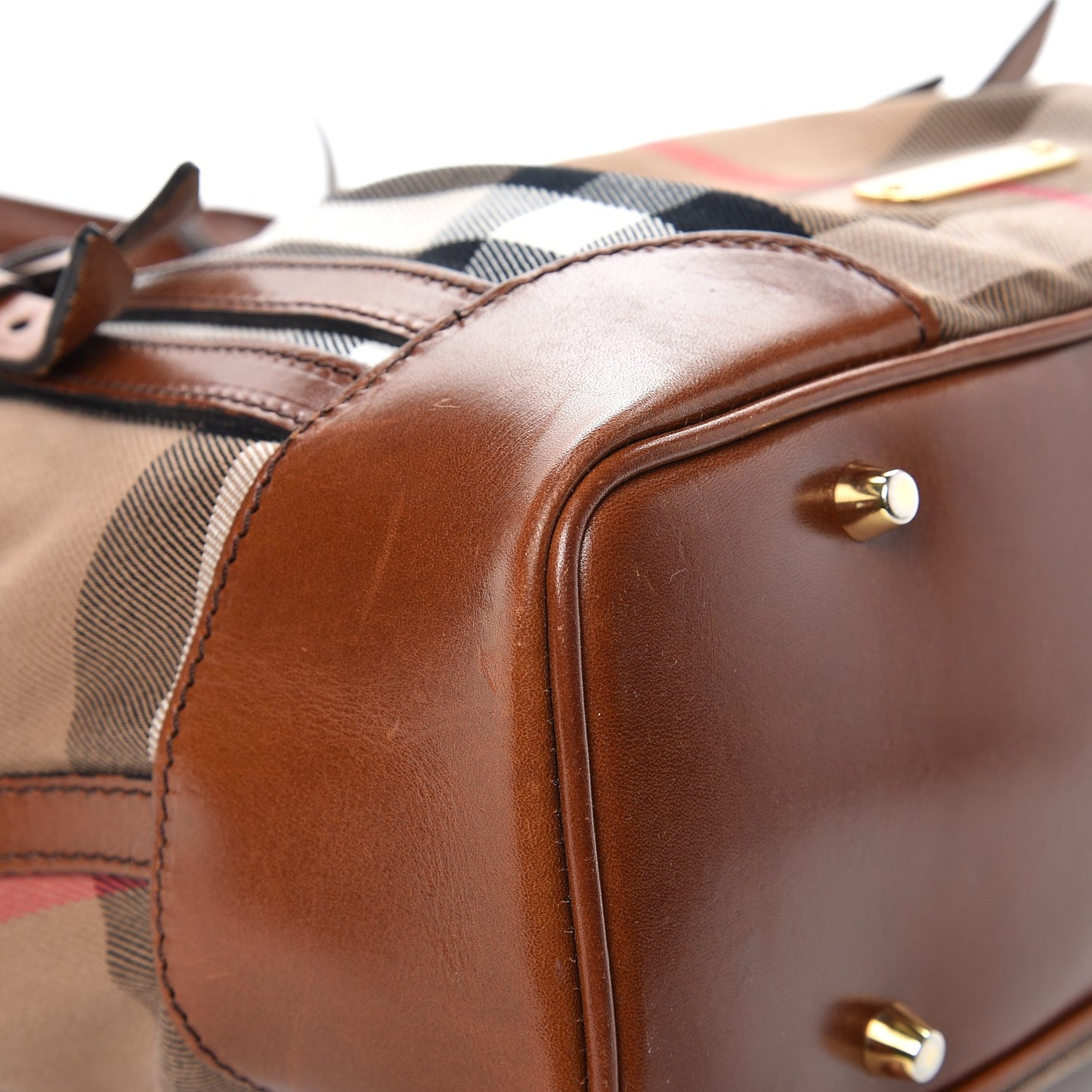 House Check Bridle Calfskin Small Whipstitch Tote Dark Tan