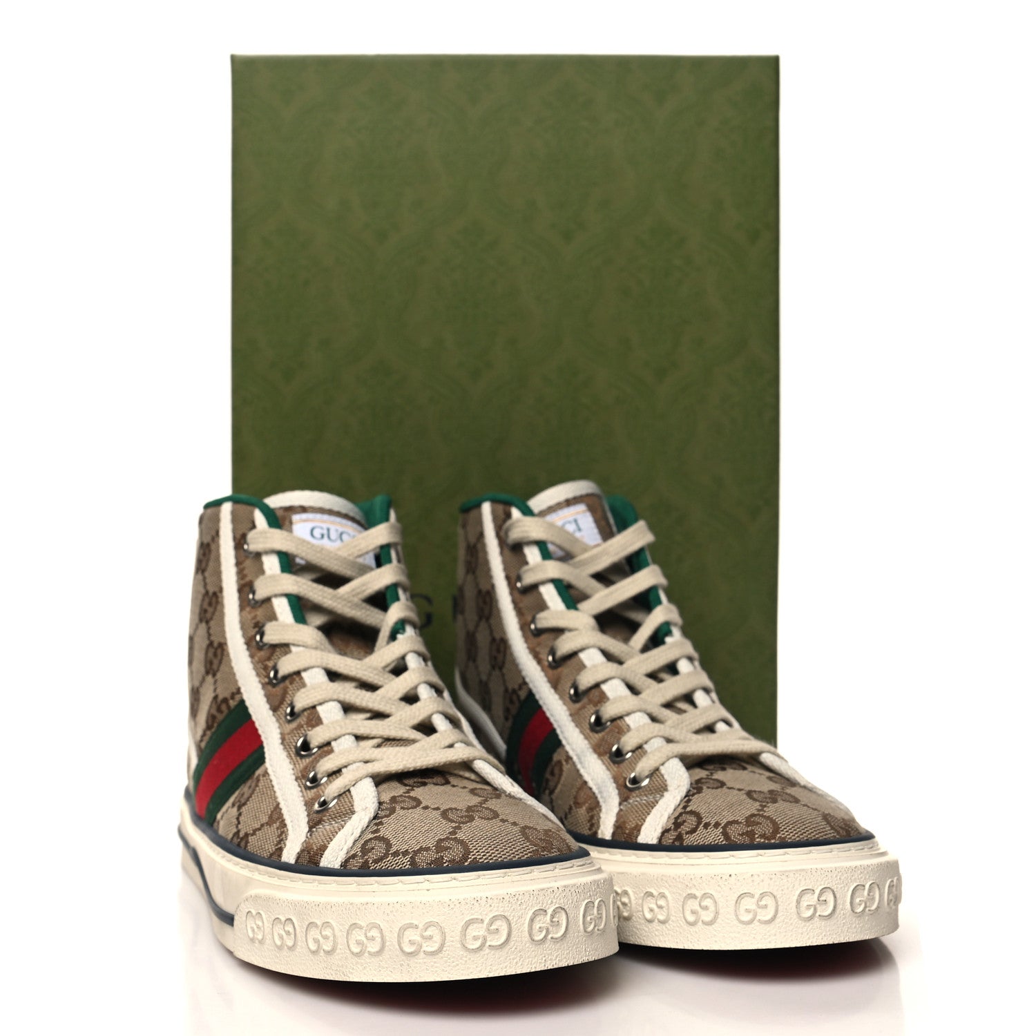 Gucci GG Monogram Web Womens 1977 Tennis High Top Sneakers 37 Beige Ebony Mystic White 8 of 8