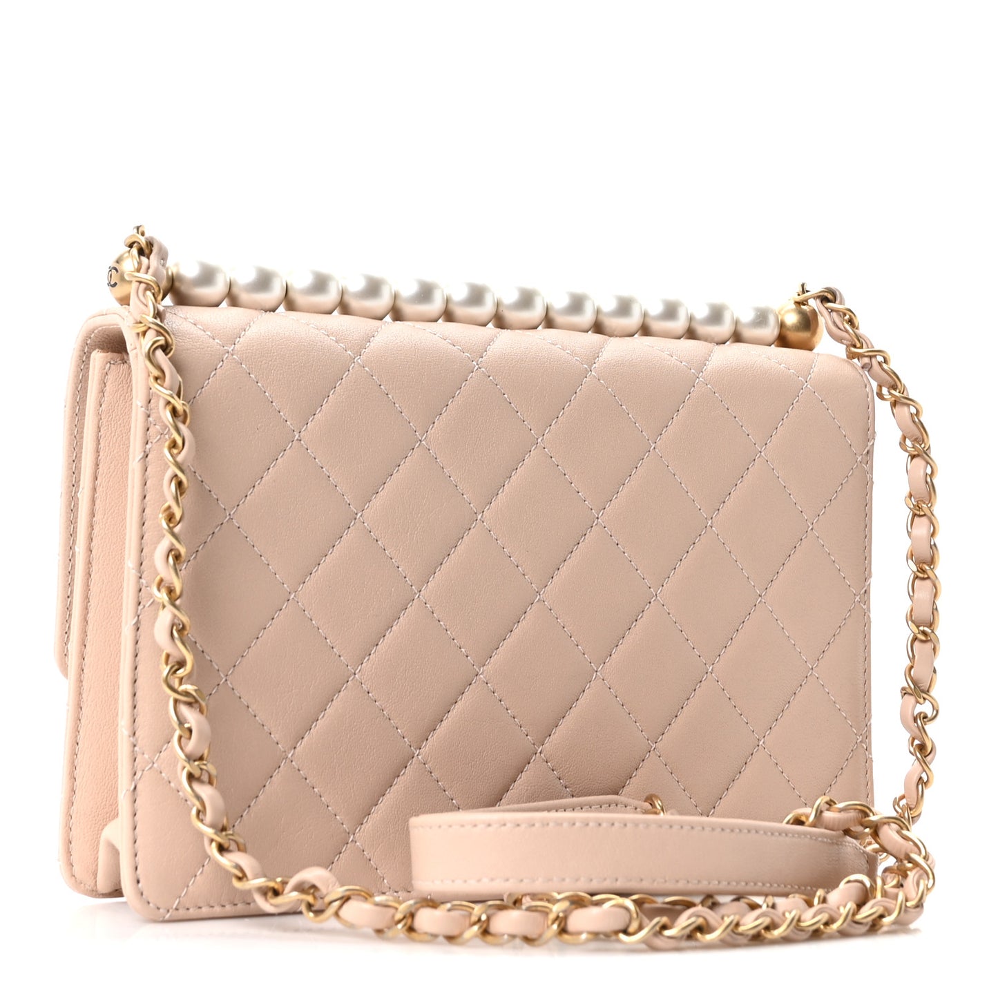Goatskin Quilted Small Chic Pearls Flap Beige