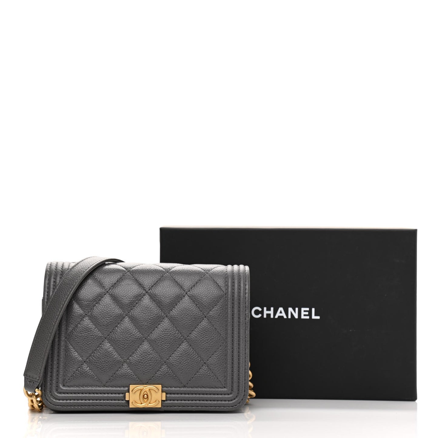 Caviar Quilted Mini Boy Wallet On Chain WOC Dark Gray