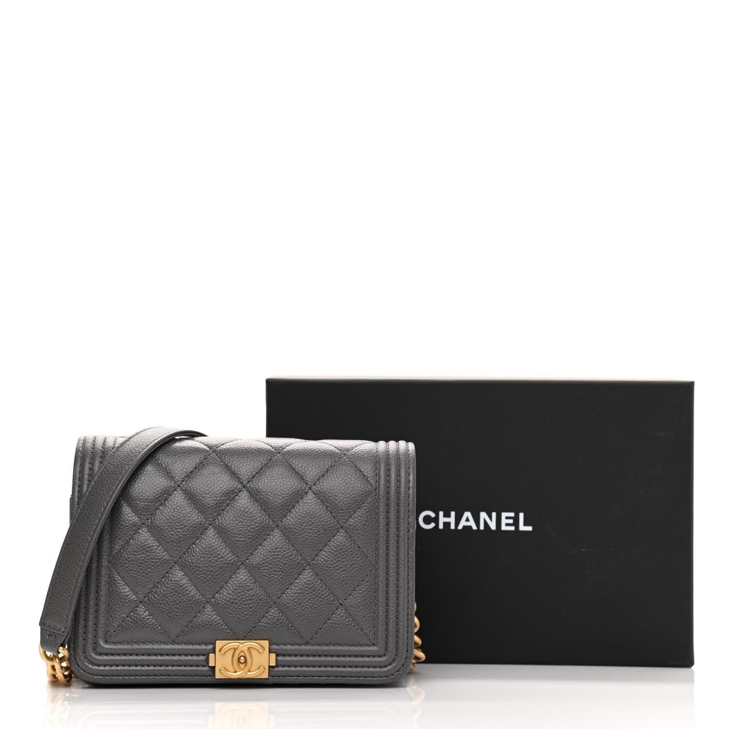 Chanel Caviar Quilted Mini Boy Wallet On Chain WOC Dark Gray 10 of 10