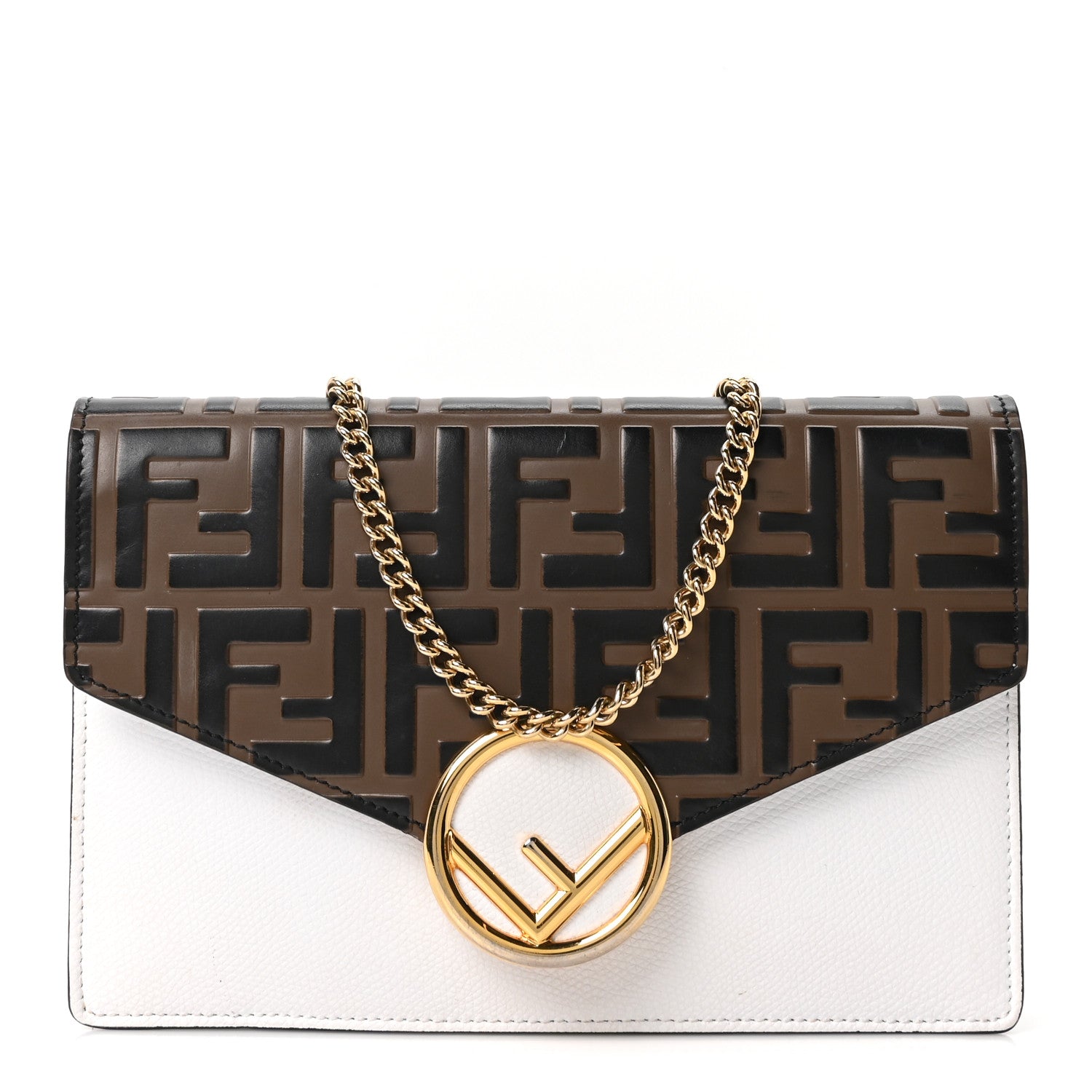 Fendi Vitello Cruise F is Fendi Bi-Color FF 1974 Embossed Medium Envelope Wallet On Chain Maya Black White 1 of 10