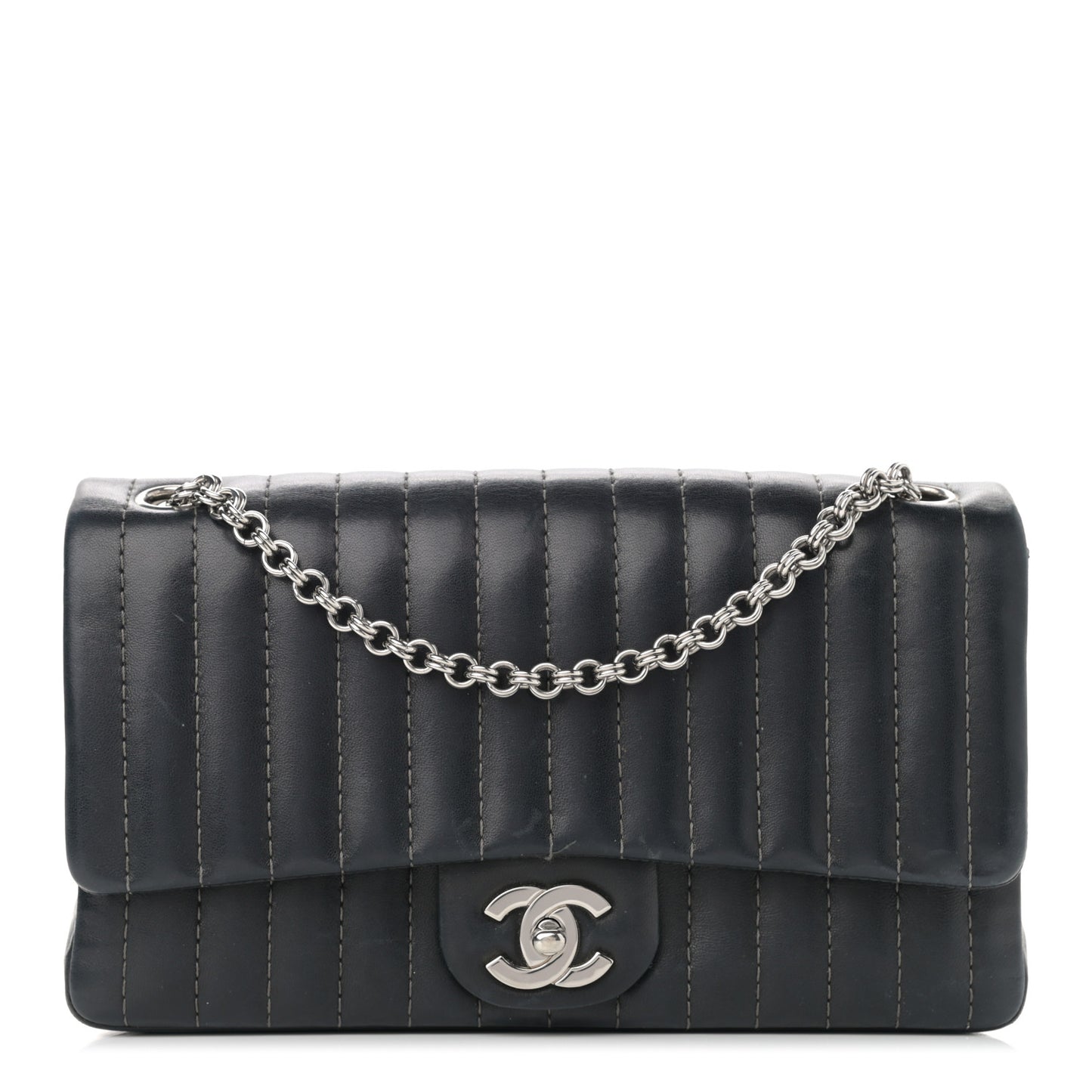 Lambskin Vertical Quilted Medium Single Flap Black