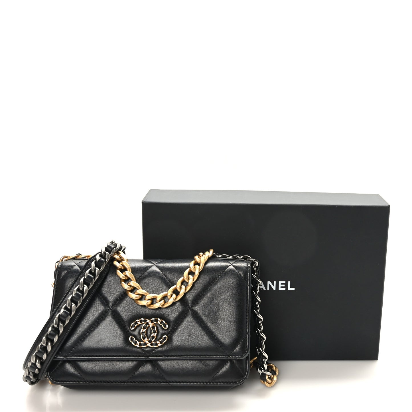Lambskin Quilted Chanel 19 Wallet On Chain WOC Black