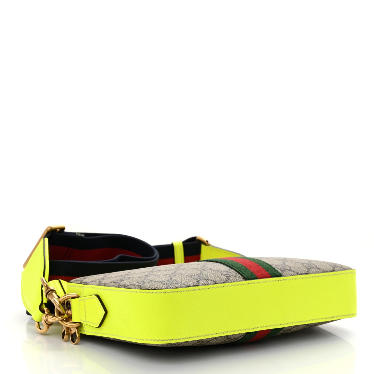 GG Supreme Monogram Textured Dollar Calfskin Web Ophidia Wristlet Shoulder Bag Beige Ebony Fluo Yellow