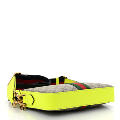 Gucci GG Supreme Monogram Textured Dollar Calfskin Web Ophidia Wristlet Shoulder Bag Beige Ebony Fluo Yellow 4 of 11