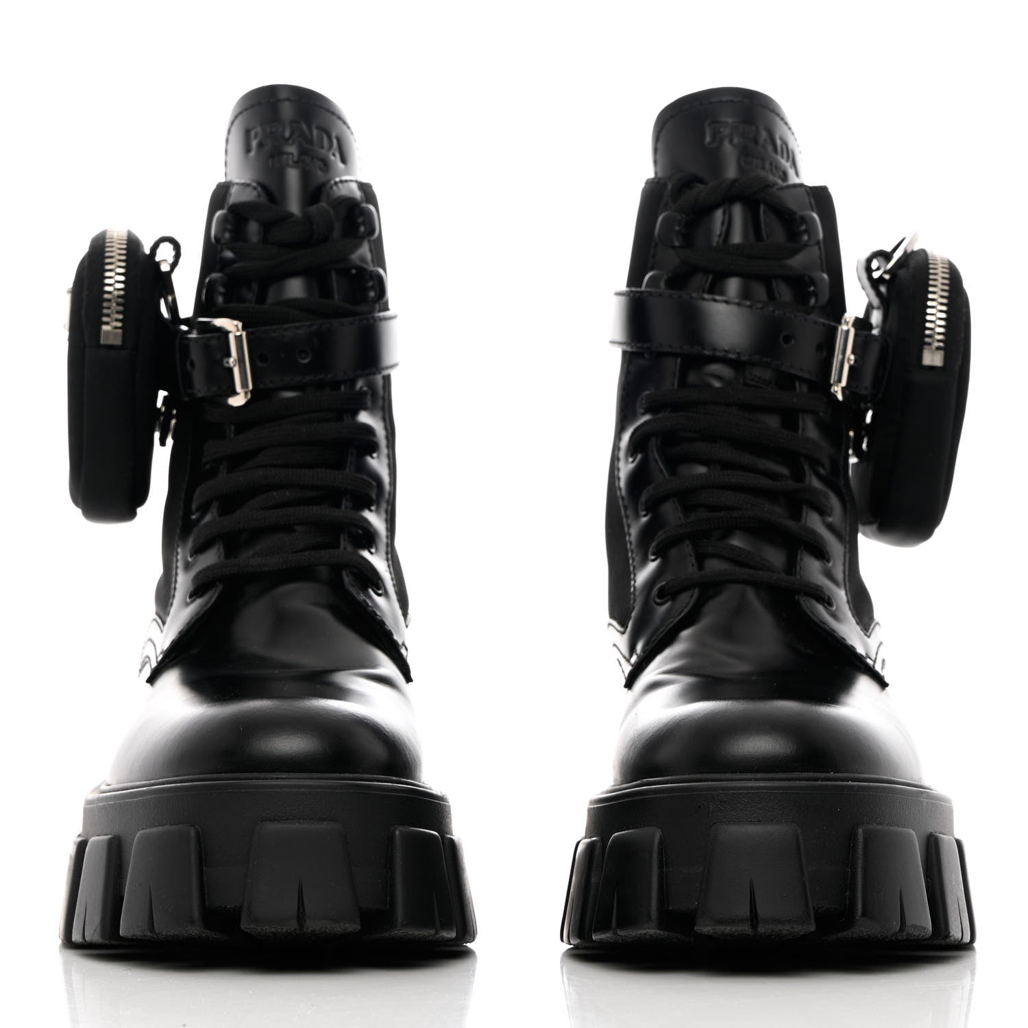 Prada Spazzolato Rois Nylon Metal Triangle Logo Monolith Pouch Pocket 55mm Boots 38.5 Black 2 of 14