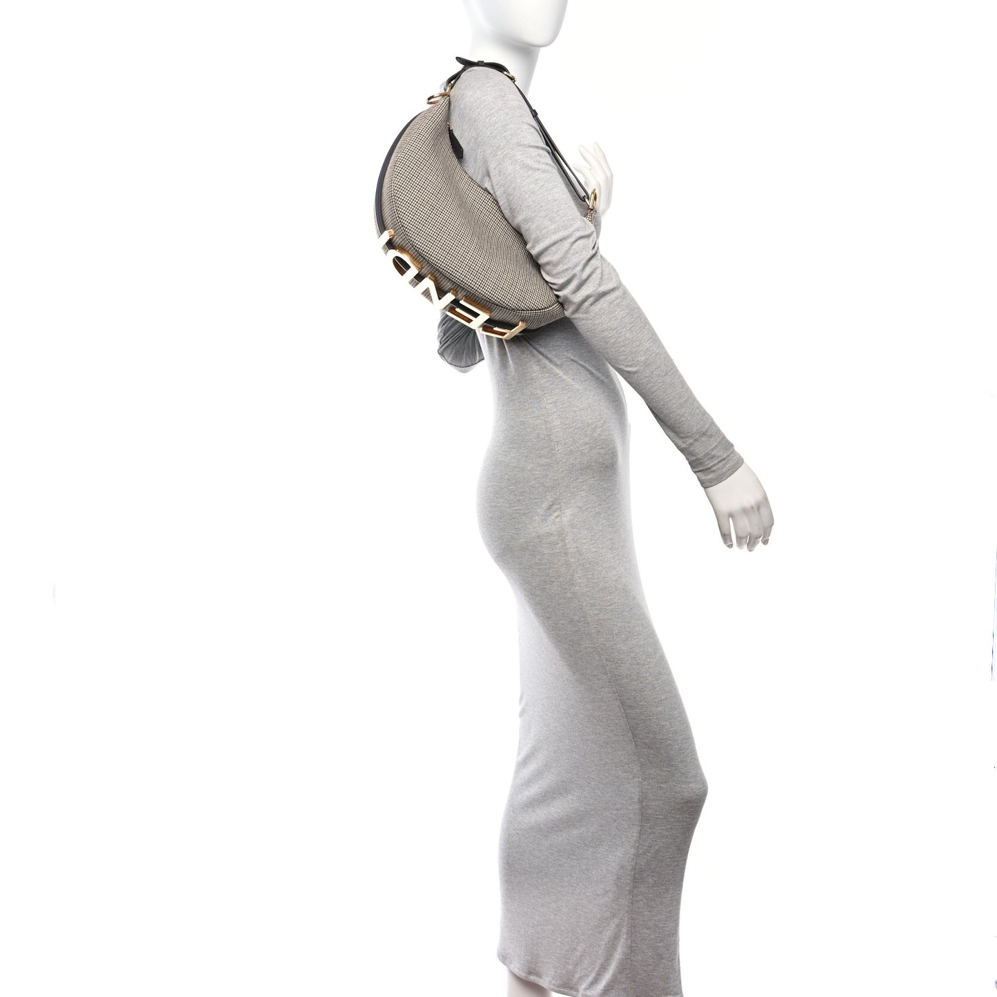 Wool Vitello Grace Small Houndstooth Small Fendigraphy Hobo Bag Beige Ebano