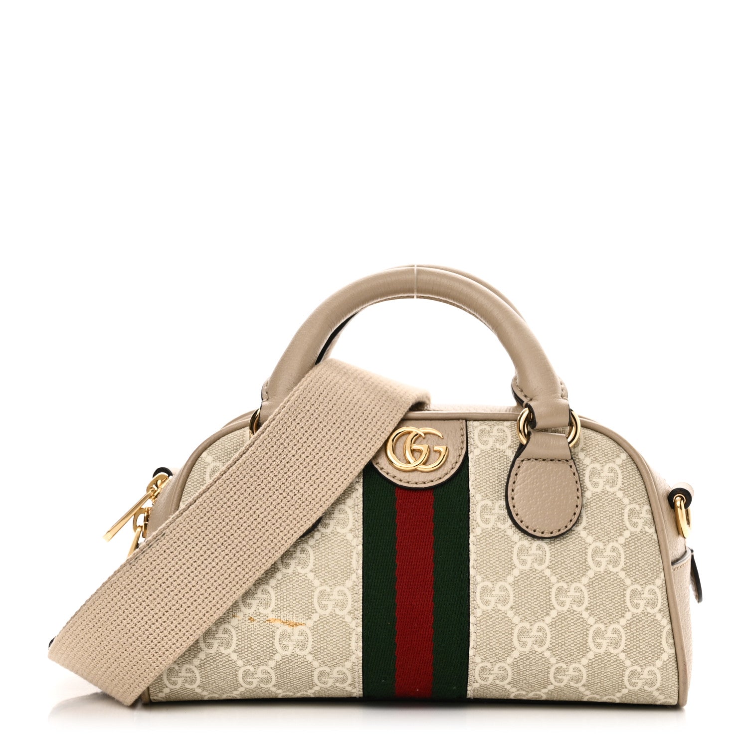Gucci GG Supreme Monogram Textured Dollar Calfskin Web Mini Ophidia Top Handle Bowler Bag Beige Mystic White Oatmeal 1 of 14