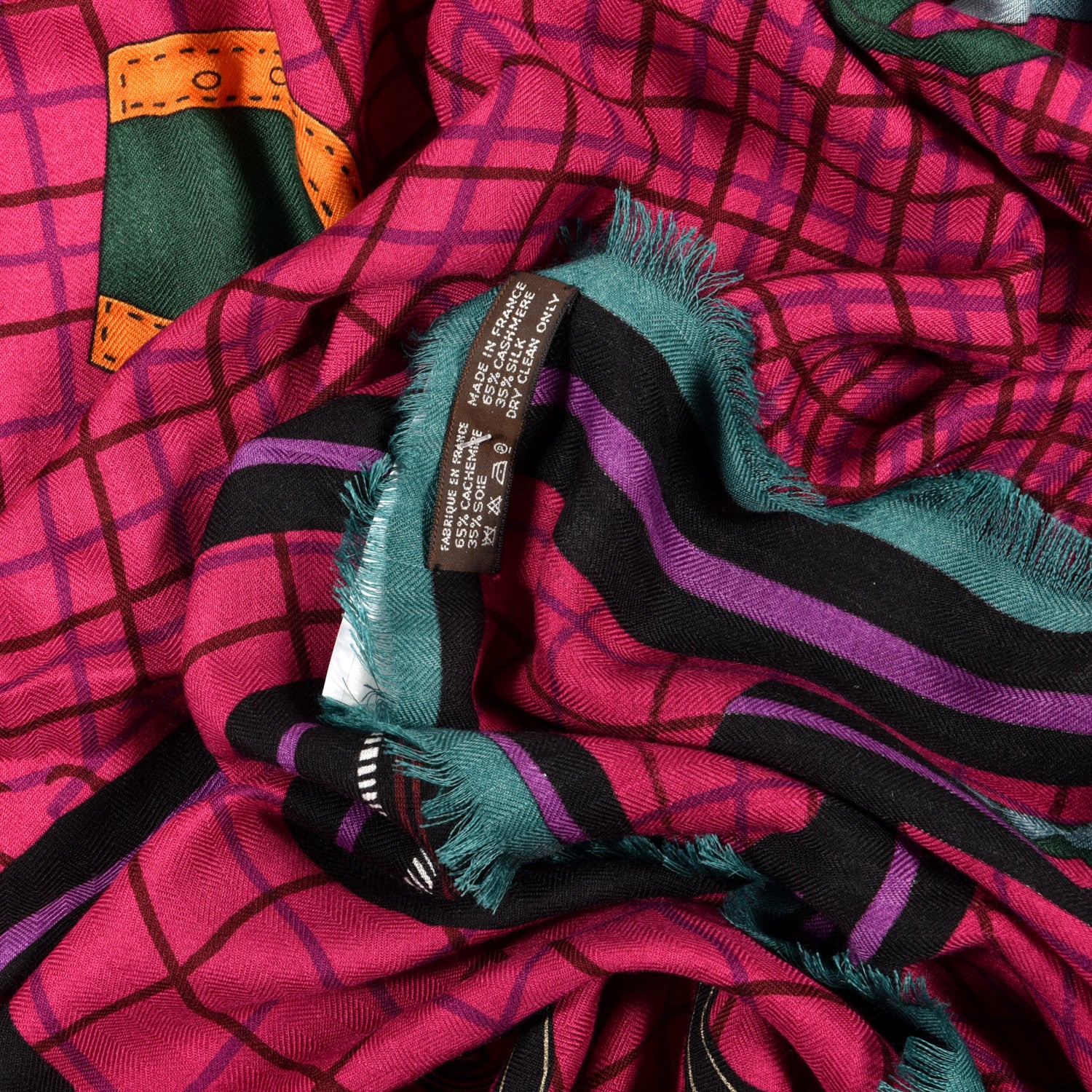 Hermes Cashmere Silk Bete De Concours Scarf 90 Fuchsia Vert Mauve 4 of 4