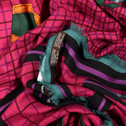 Hermes Cashmere Silk Bete De Concours Scarf 90 Fuchsia Vert Mauve 4 of 4