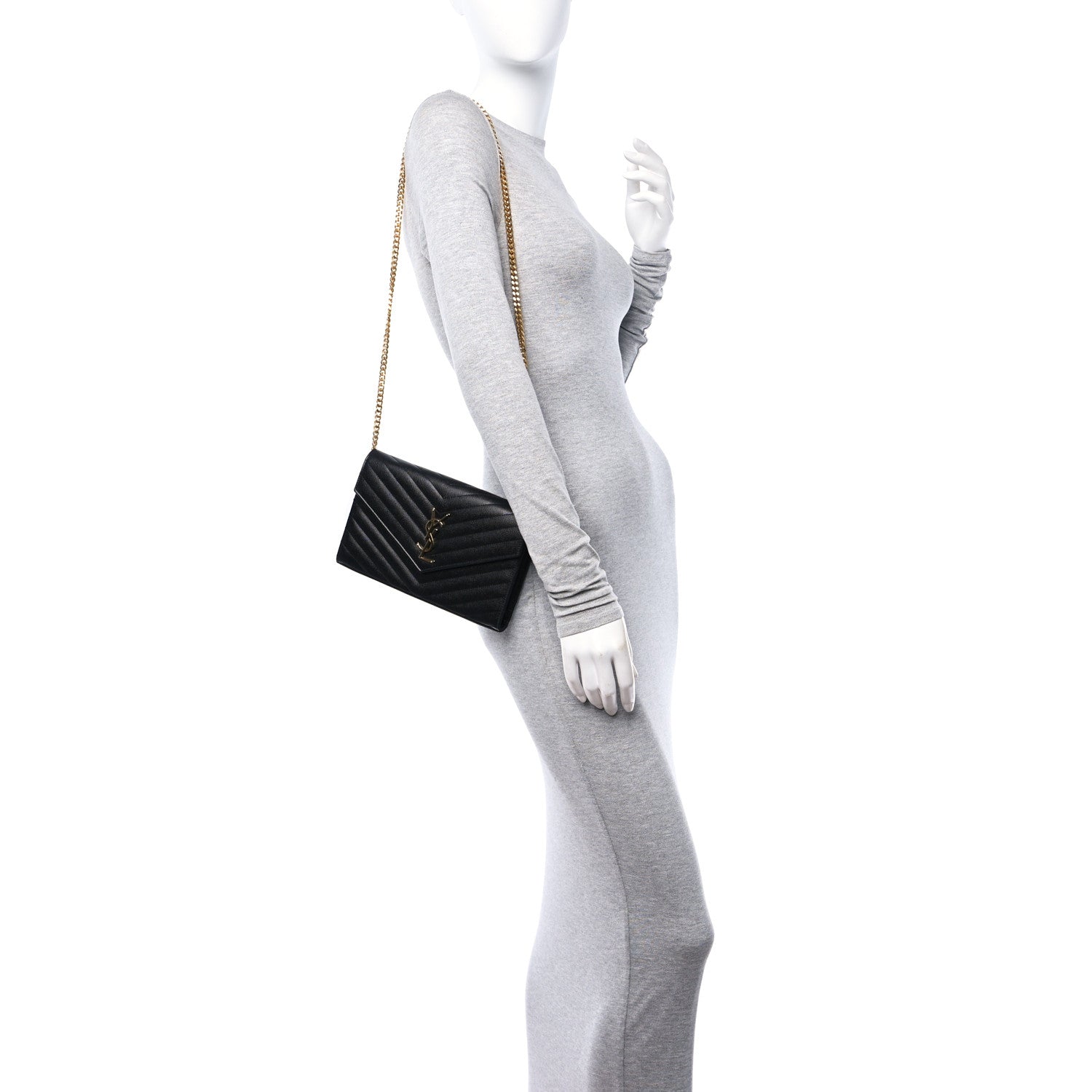Saint Laurent Grain De Poudre Matelasse Chevron Monogram Chain Wallet Black 2 of 10