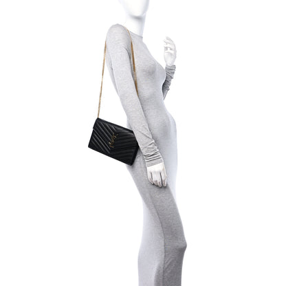 Saint Laurent Grain De Poudre Matelasse Chevron Monogram Chain Wallet Black 2 of 10