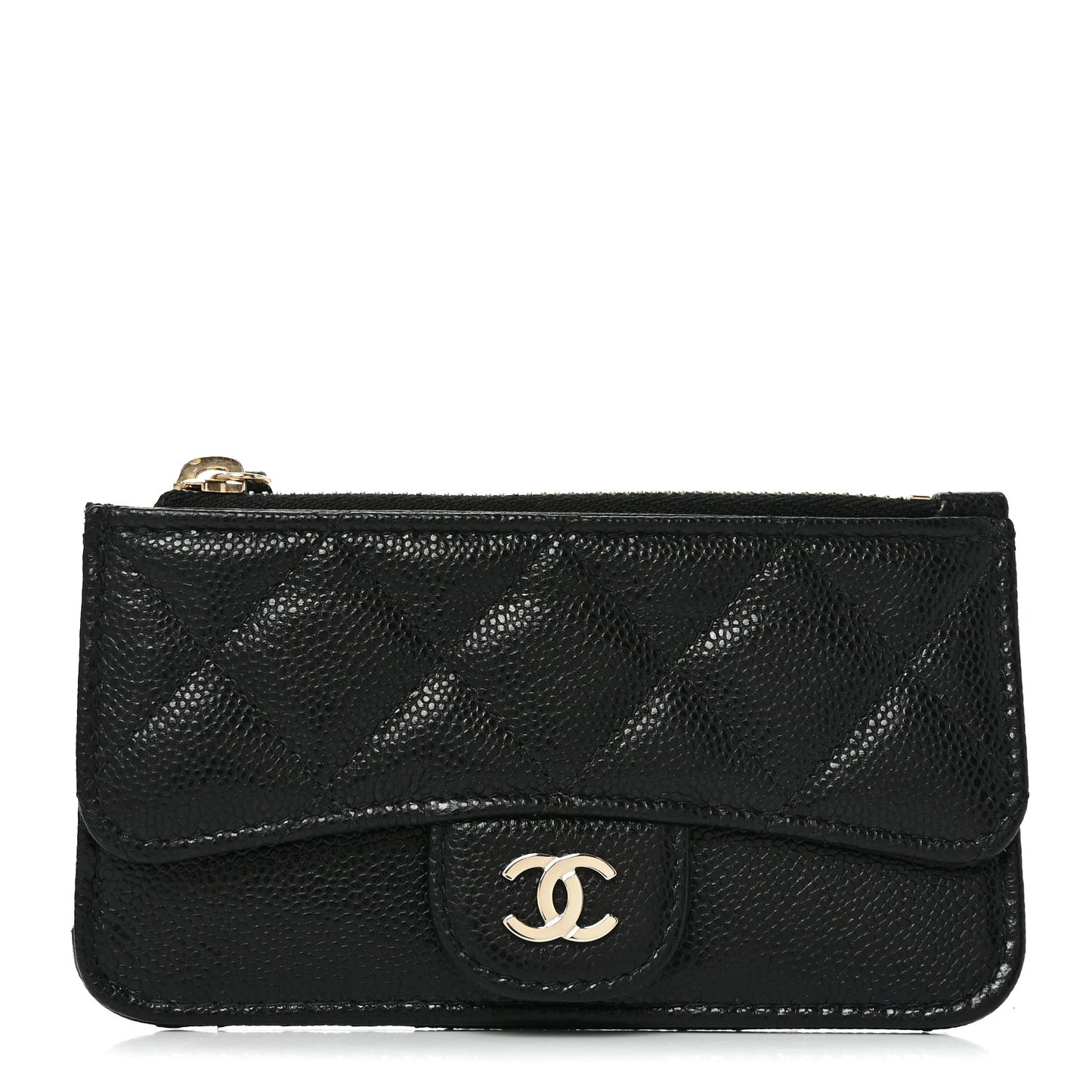 Caviar Quilted Flap Zip Card Holder Black