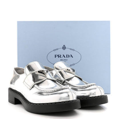 Prada Metallic Brushed Calfskin Metal Triangle Logo 50mm Loafers 39 Argento 11 of 11