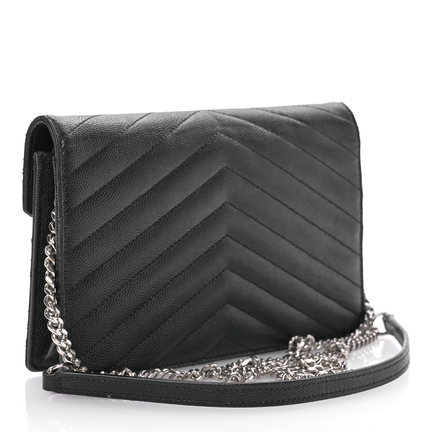 Saint Laurent Grain De Poudre Matelasse Chevron Monogram Envelope Chain Wallet Black 3 of 11