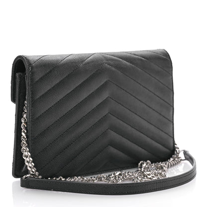 Saint Laurent Grain De Poudre Matelasse Chevron Monogram Envelope Chain Wallet Black 3 of 11