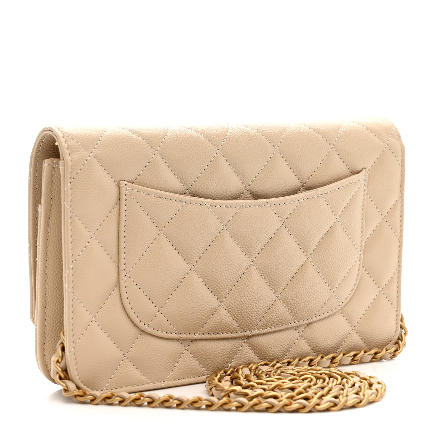 Caviar Quilted Textured CC Wallet On Chain WOC Beige