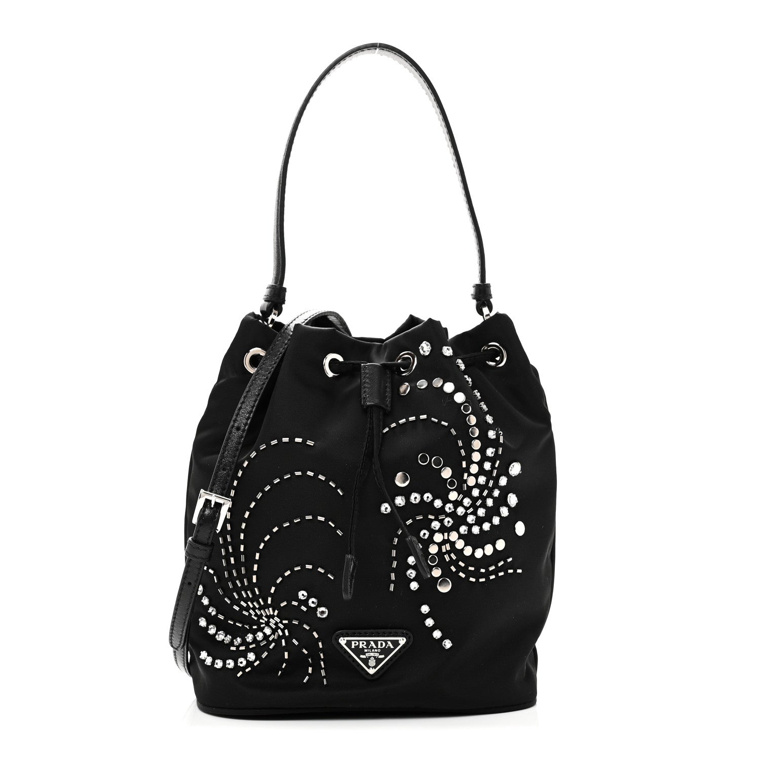 Prada Tessuto Saffiano Ricamo Sequin Crystal Embellished Mini Re-Edition 1978 Bucket Bag Black 1 of 10