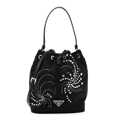 Prada Tessuto Saffiano Ricamo Sequin Crystal Embellished Mini Re-Edition 1978 Bucket Bag Black 1 of 10