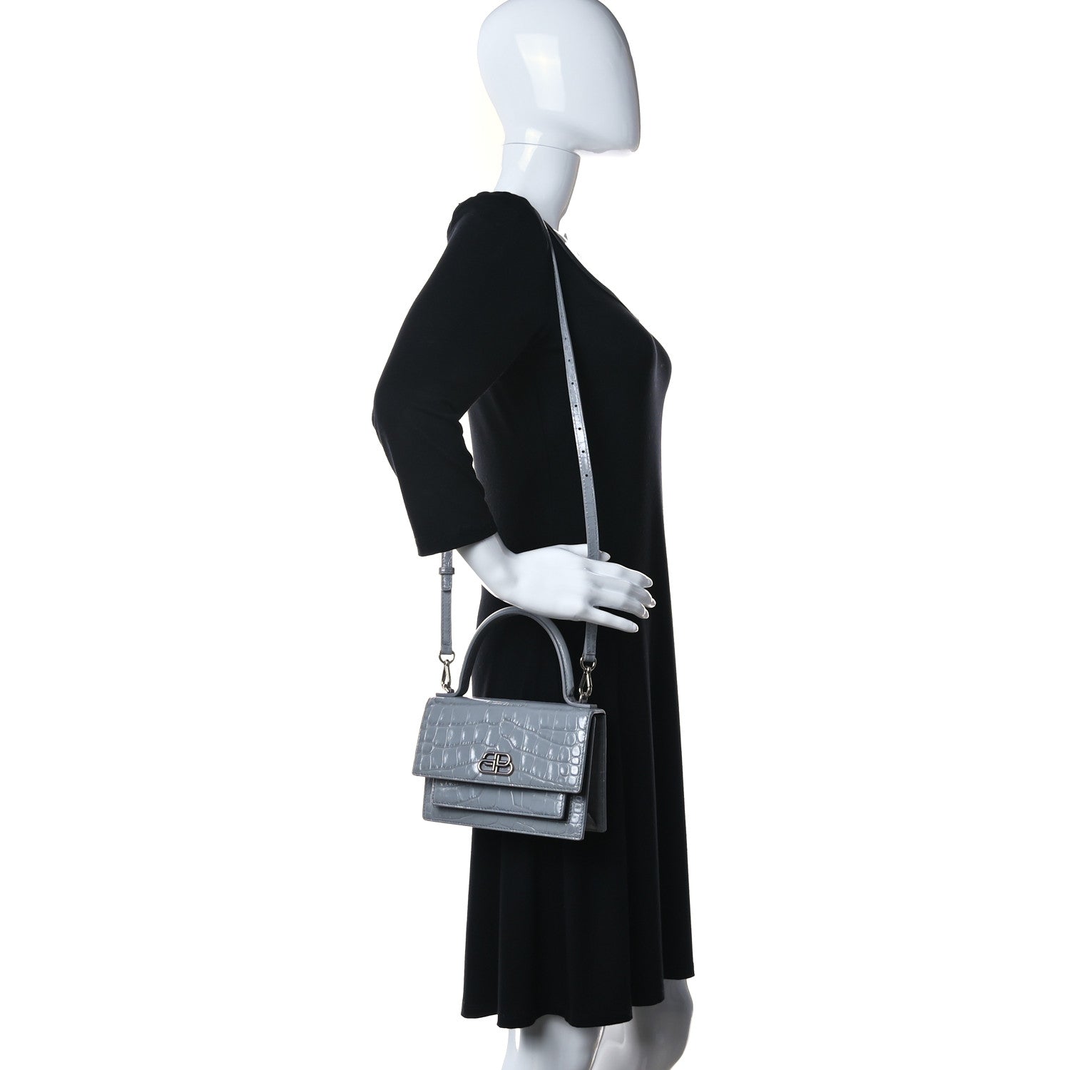 Balenciaga Shiny Calfskin Crocodile Embossed XS Sharp Top Handle Bag Balenciaga Grey 2 of 13