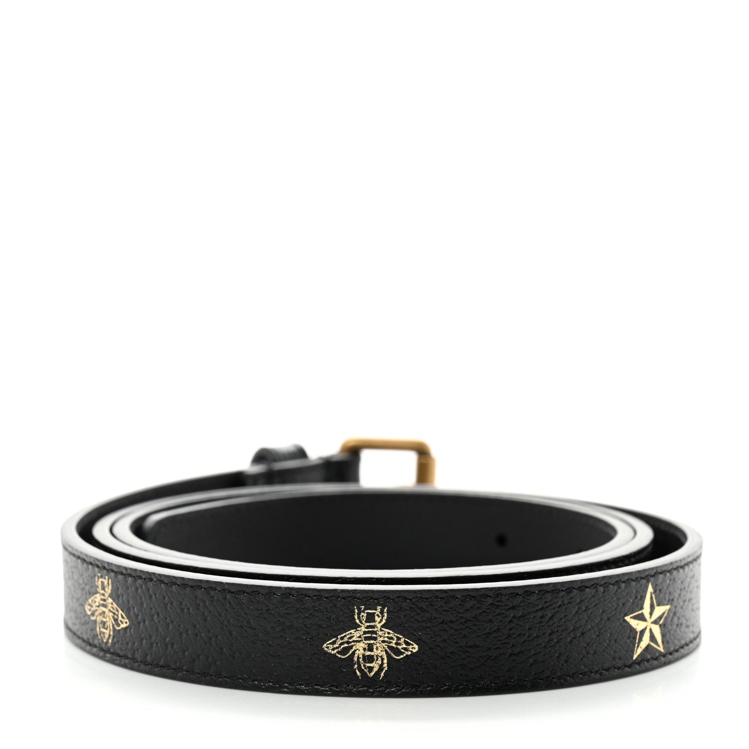 Gucci Textured Dollar Calfskin Bees And Stars Print Womens 20mm Belt 100 40 Black Gold 2 of 6