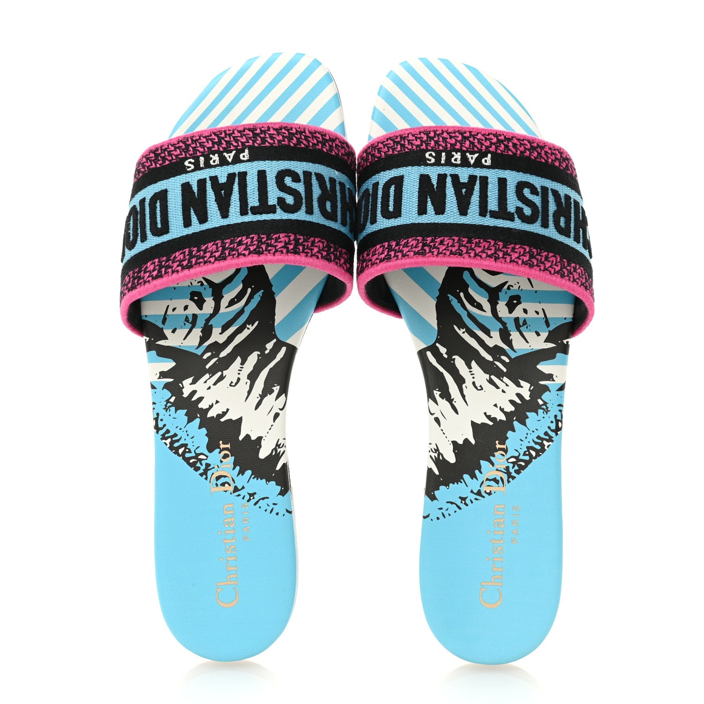 Canvas D-Jungle Pop Embroidered Dway Flat Slide Sandals 37 Bright Blue Pink Multicolor