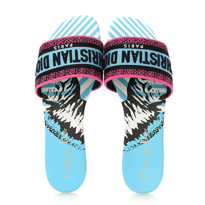 Christian Dior Canvas D-Jungle Pop Embroidered Dway Flat Slide Sandals 37 Bright Blue Pink Multicolor 2 of 12