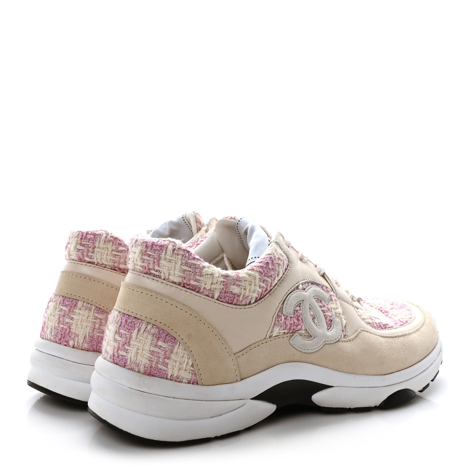 Chanel Tweed Suede Calfskin Womens CC Sneakers 39 Pink Ecru 5 of 8