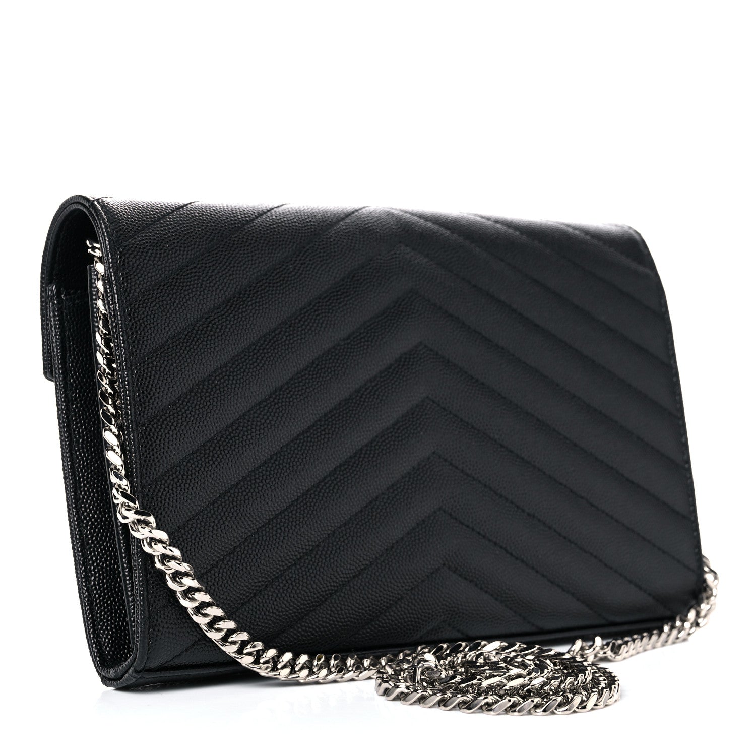 Saint Laurent Grain De Poudre Matelasse Chevron Monogram Chain Wallet Black 3 of 14