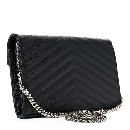 Saint Laurent Grain De Poudre Matelasse Chevron Monogram Chain Wallet Black 3 of 14