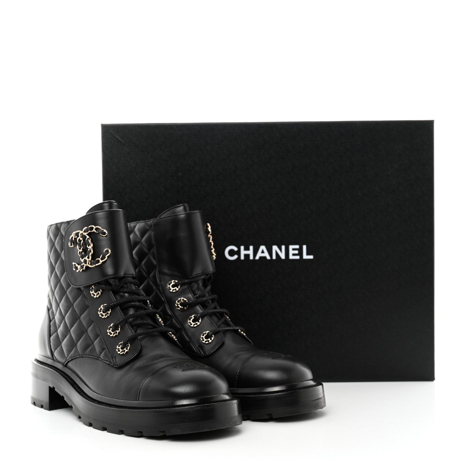 Chanel Shiny Calfskin Quilted Lace Up Combat Boots 39 Black 9 of 9