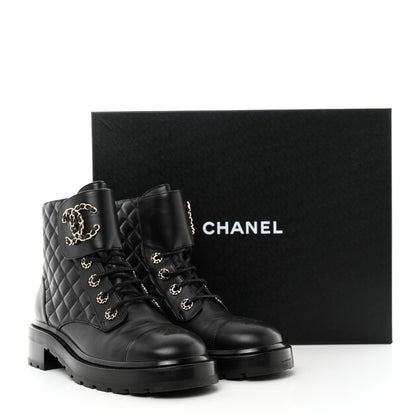 Chanel Shiny Calfskin Quilted Lace Up Combat Boots 39 Black 9 of 9