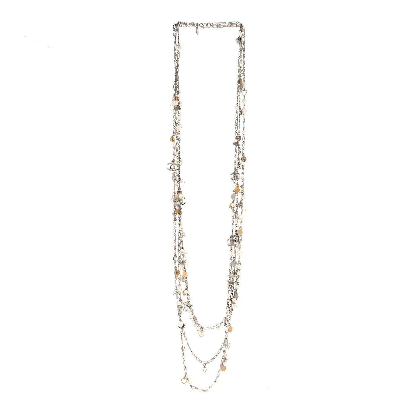 Pearl CC Lucky Charms Long Necklace Silver