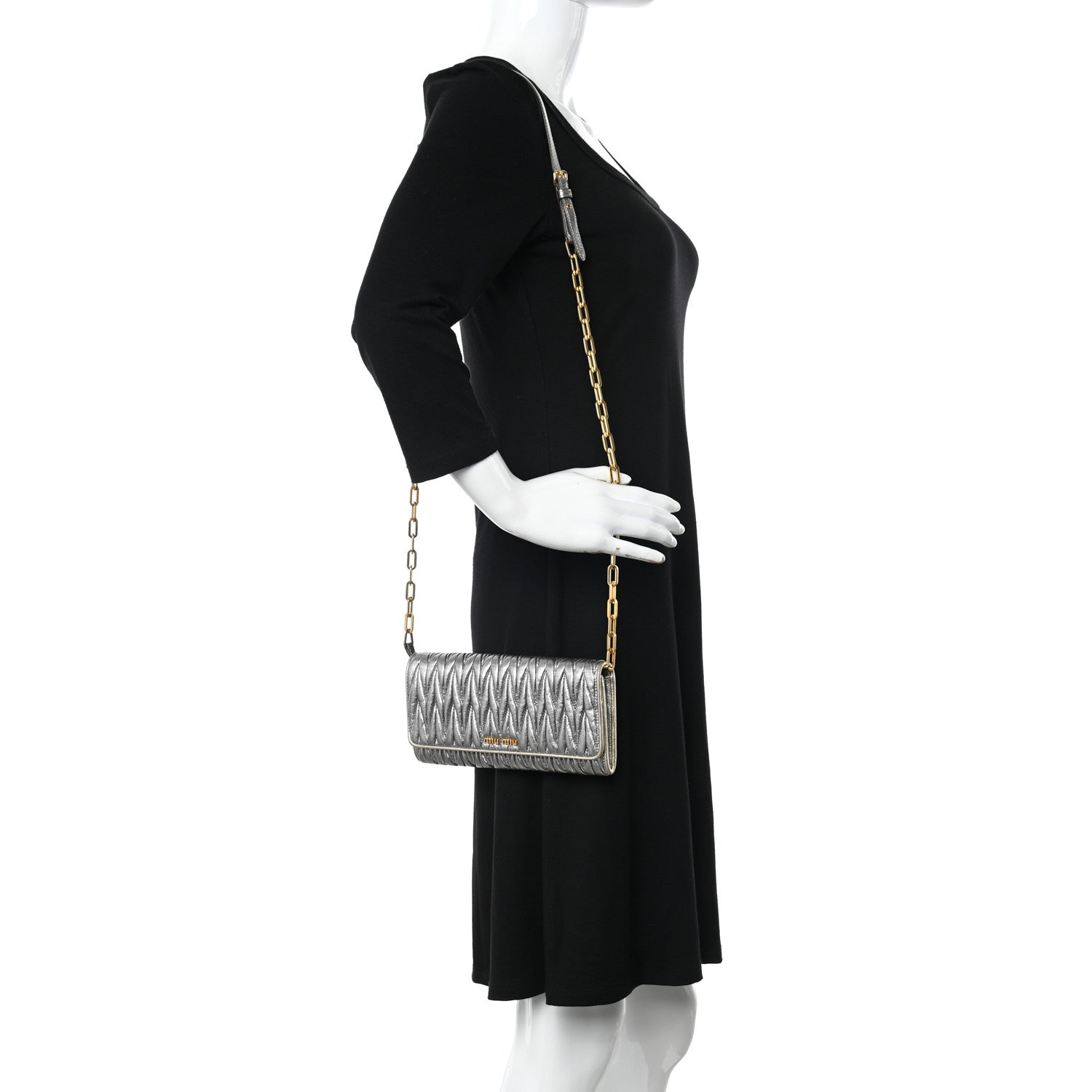 Miu Miu Metallic Nappa Matelasse Wallet On Chain Silver 2 of 10