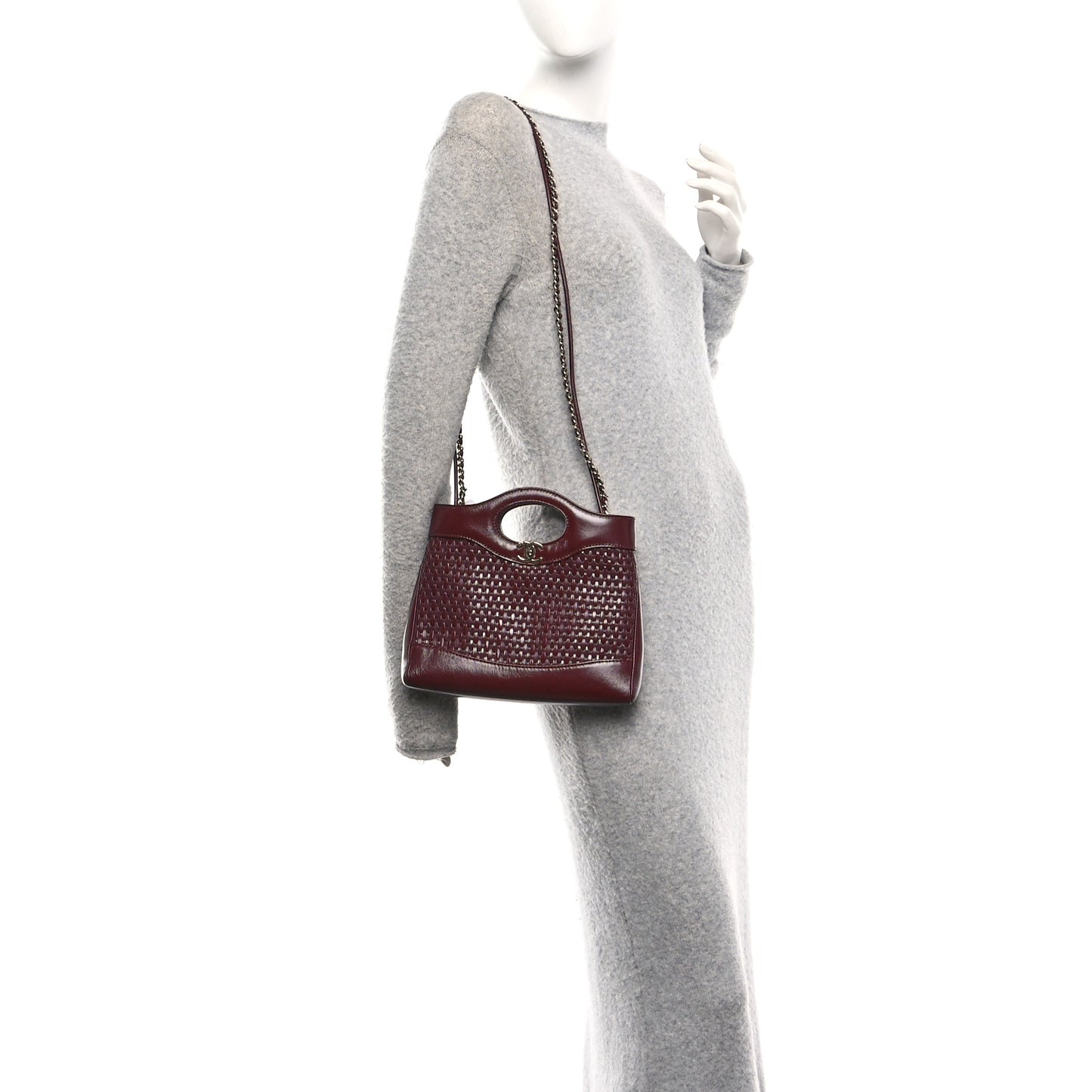 Shiny Lambskin Patent Calfskin Quilted Mini 31 Shopping Bag Dark Burgundy