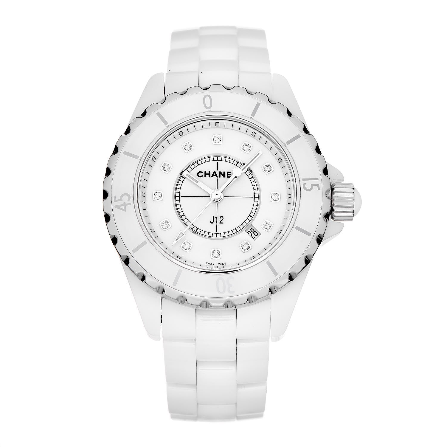 Chanel Stainless Steel Ceramic Diamond 33mm J12 Quartz Watch White 1 of 7