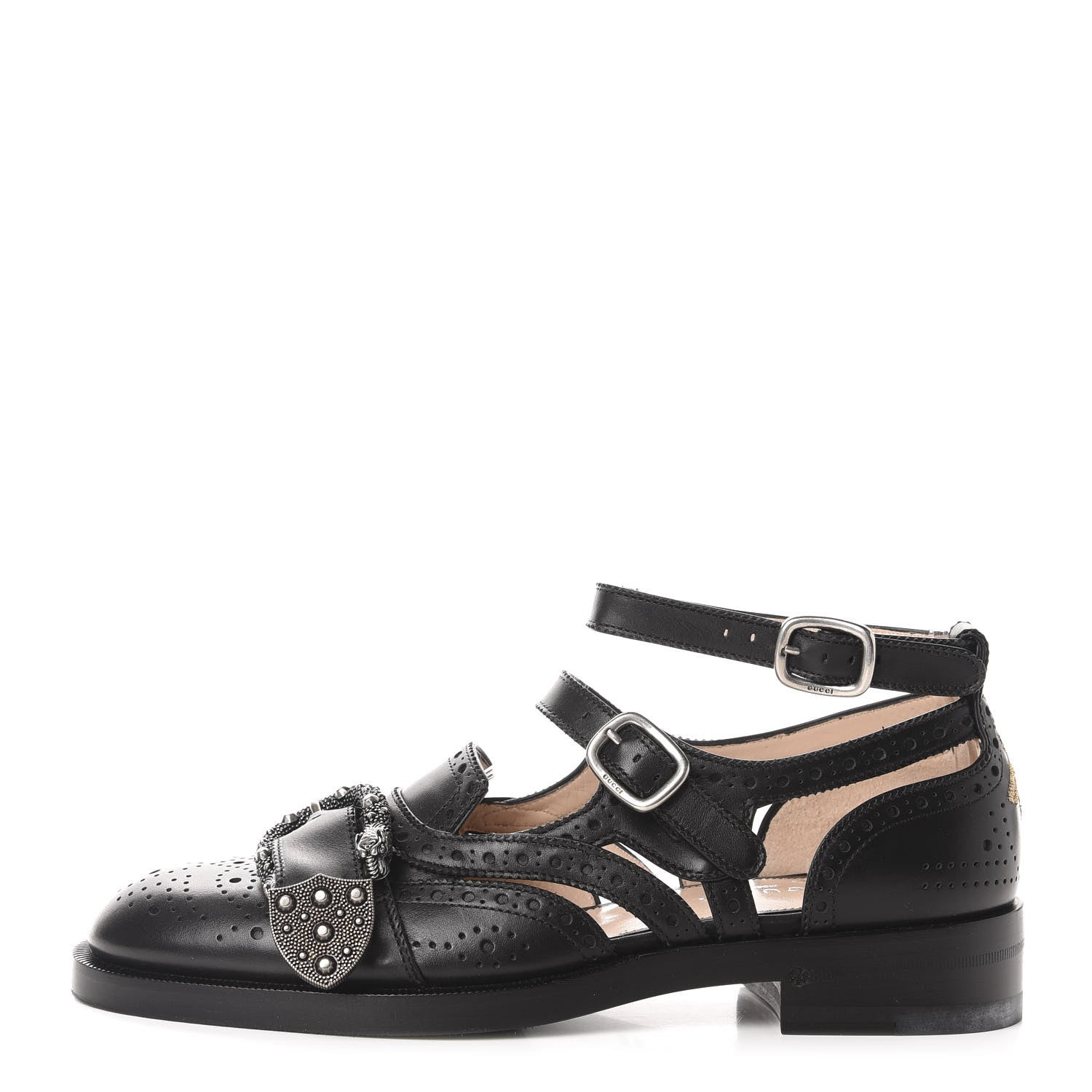 Gucci Calfskin Bee Embroidered Womens Queercore Brogue Wingtip Monk Strap Loafers 38 Black 1 of 10