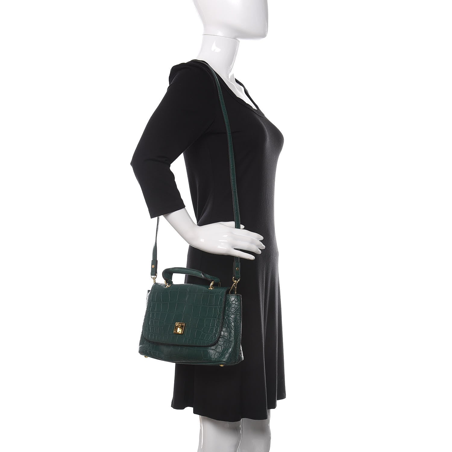MCM Calfskin Crocodile Embossed Top Handle Shoulder Bag Green 2 of 9