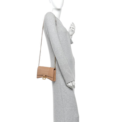 Balenciaga Shiny Calfskin Crocodile Embossed Hourglass Chain Bag Nude Beige 2 of 10