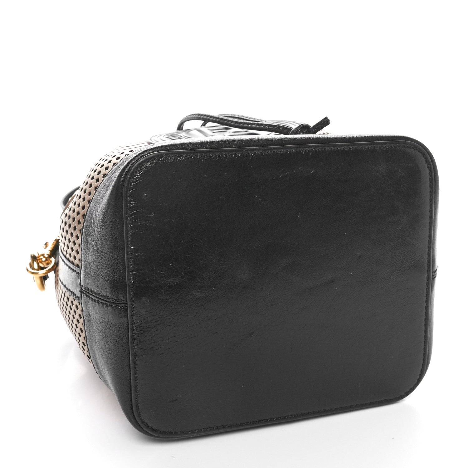 Fendi Vitello Liberty Glossy Lambskin F is Fendi Perforated Small Mon Tresor Bucket Bag Sand Mimosa Black 4 of 10