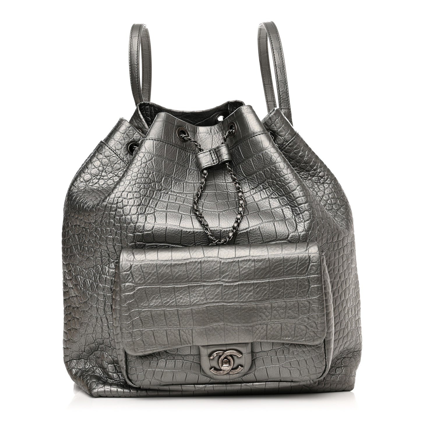 Metallic Calfskin Crocodile Embossed Large Backpack Silver