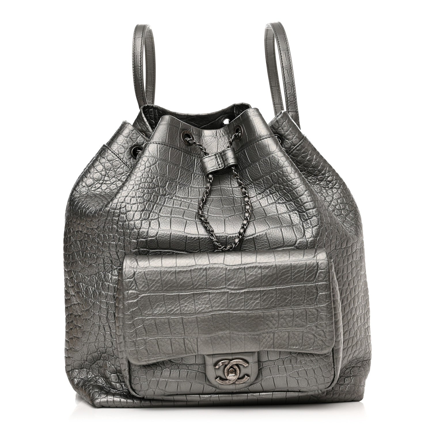 Chanel Metallic Calfskin Crocodile Embossed Large Backpack Silver 1 of 10